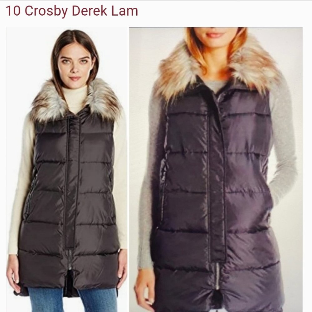 SOLD Derek Lam 10 Crosby Black Down Puffer Vest Fox Fur Trim Size Large.
